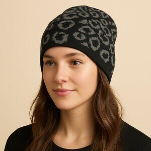 Calvin Klein Leopard Knit Gray Black Beanie Hat